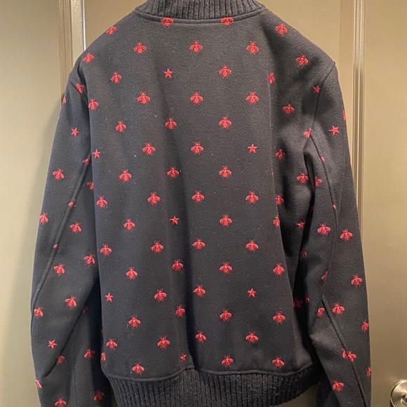 Gucci Men's Blue Wool Bomber Jacket With Bees And Stars Large Size 50 - Picture 6 of 11